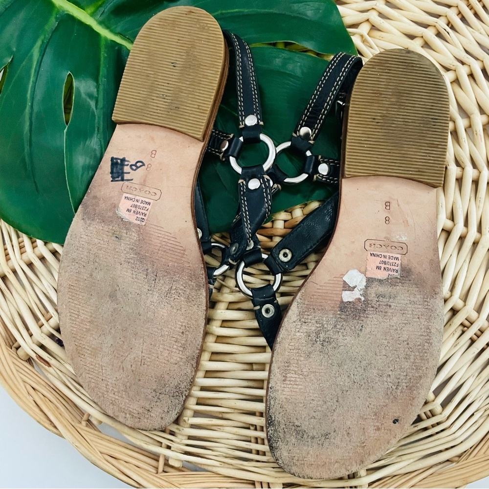 Coach Raiven Hardware Turnlock Flat Sandals Black Leather adjustable strap SZ 8 - Picture 11 of 12